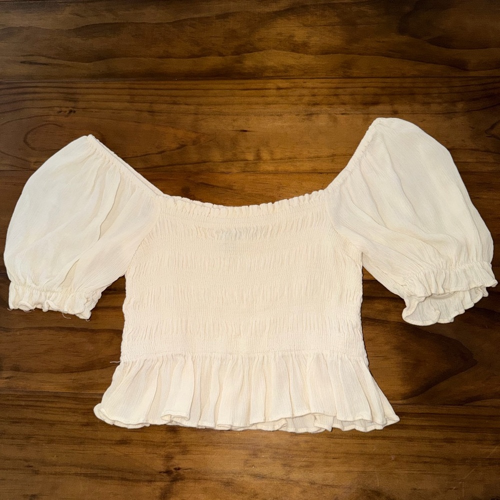 Forever 21 Cream Off-Shoulder Smocked Peplum Top